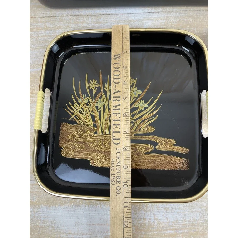 Vintage 3 Pc Nesting Serving Tray Set Lacquerware Iris Black & Gold Toyo Japan